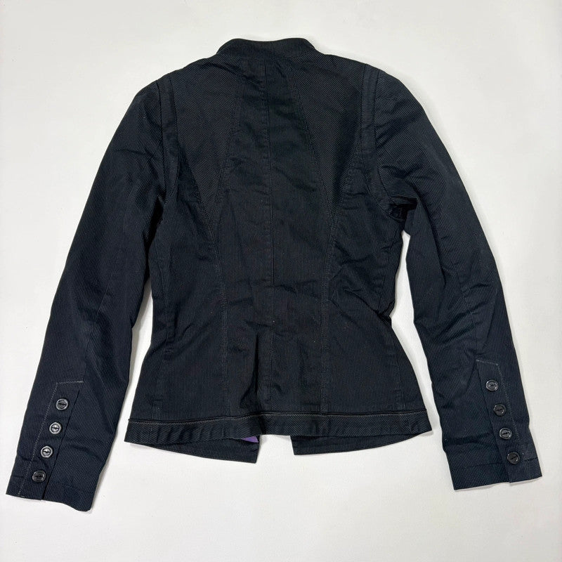 navy pinstripe fitted asymmetric jacket