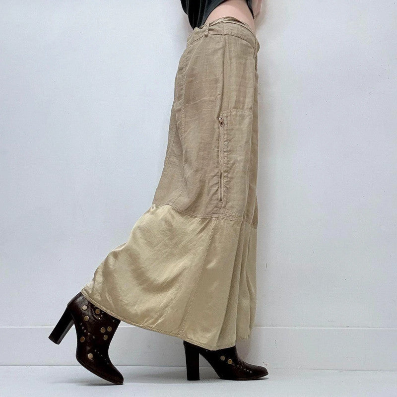 tan linen silk  a-line maxi skirt