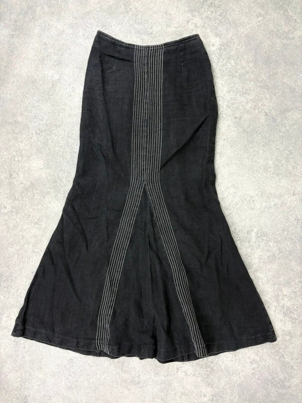 black linen high-waisted stitched flare maxi skirt