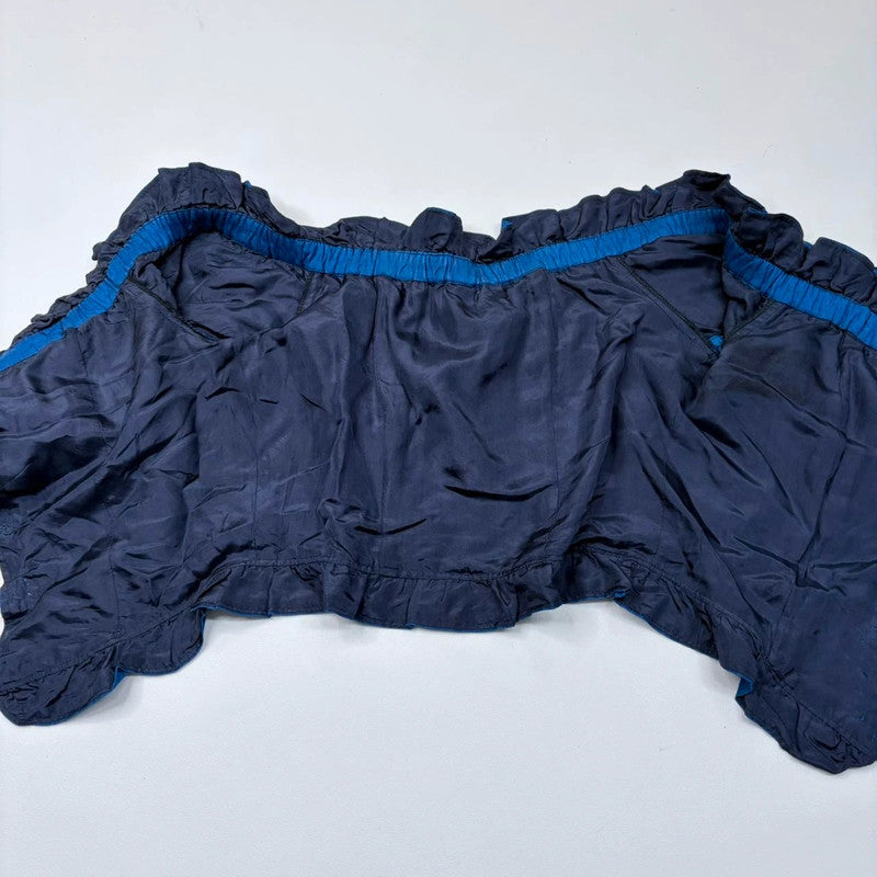 blue silk off the shoulder ruffle blouse