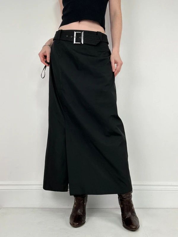 black a-line maxi belted skirt