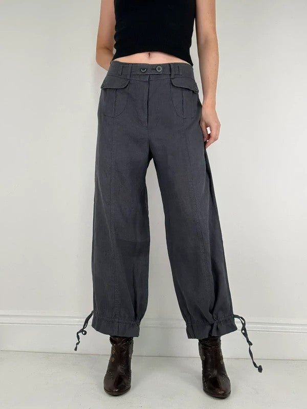 Navy linen puff leg drawstring bloomer trousers