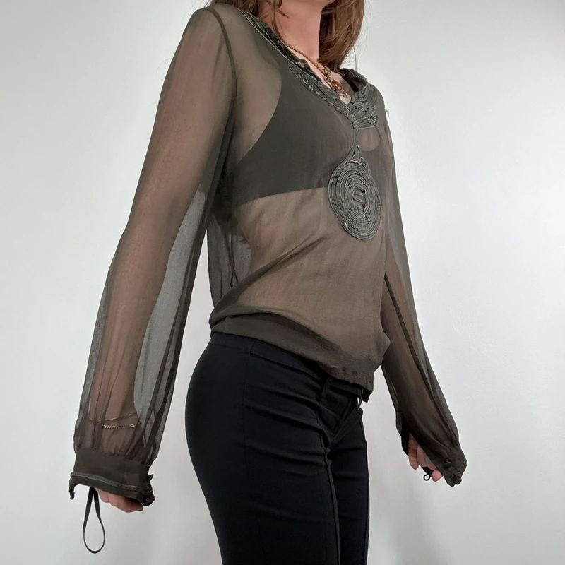 Antik Batik khaki sheer silk blouse