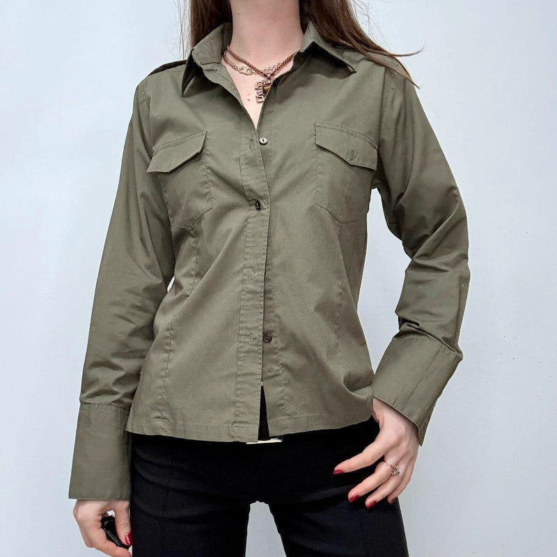 khaki fitted flared military style shirt