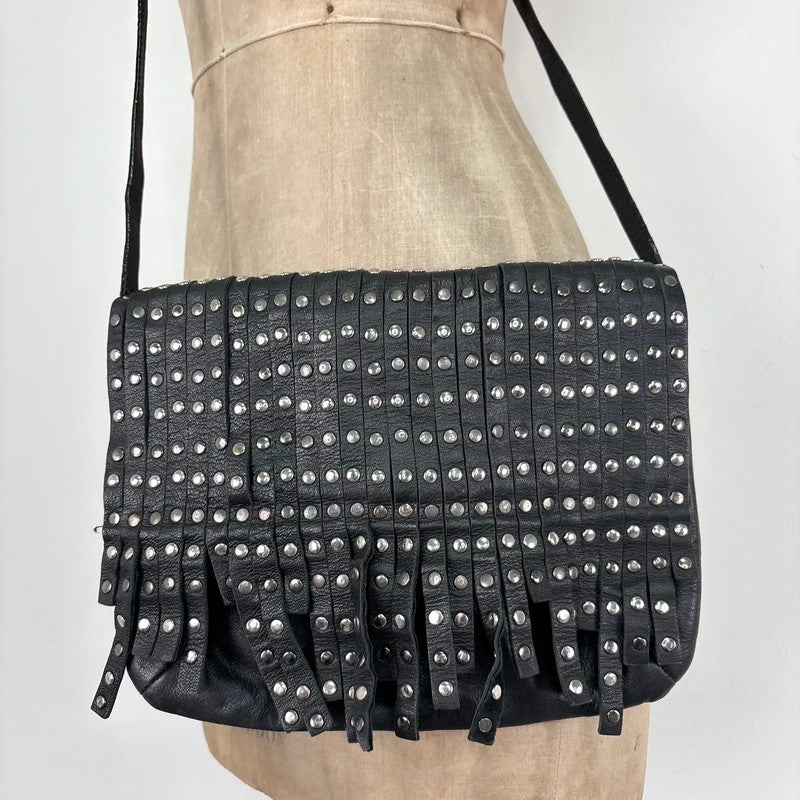 Black leather studded tassel crossbody bag