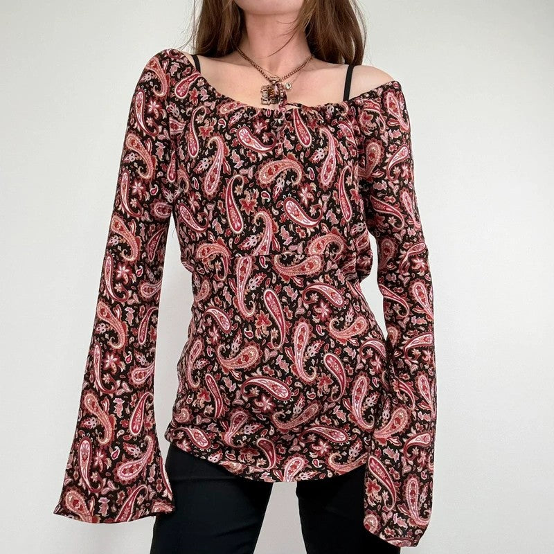 paisley flared wide neck blouse