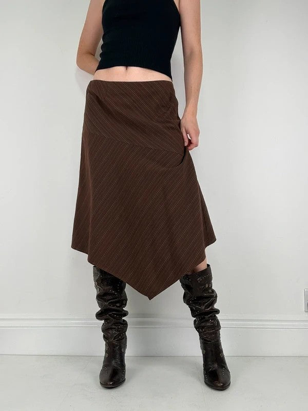 Pinstripe brown asymmetric draped midi skirt