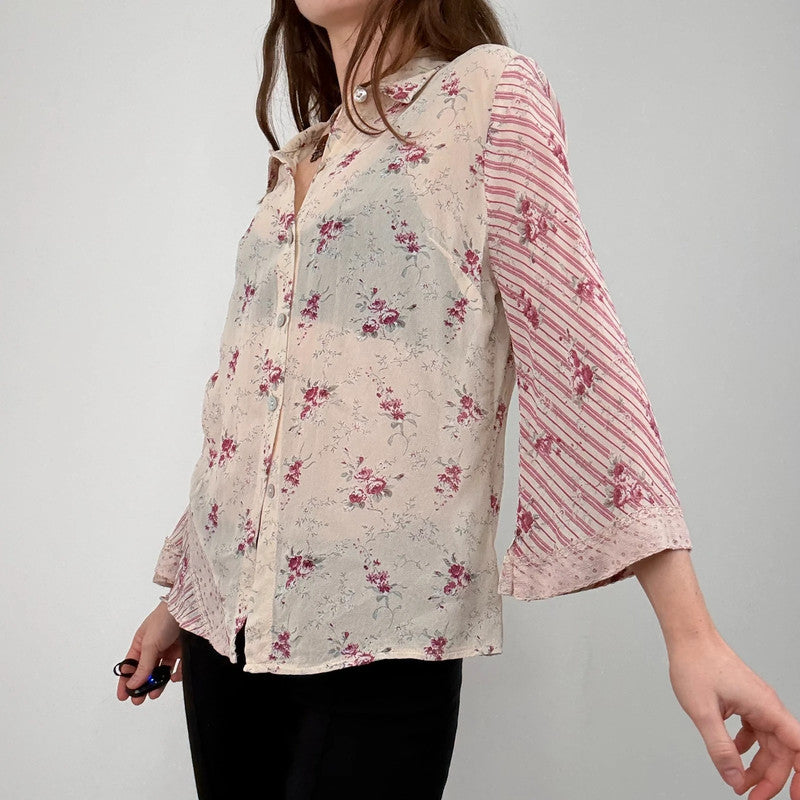 sheer floral flutter pinstripe shirt
