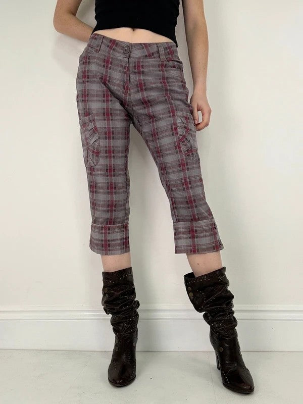 tartan checked red cargo denim capri pants
