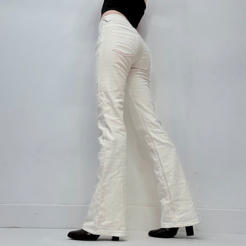 white low rise distressed stitched jeans