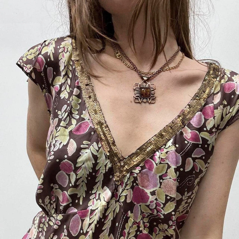 brown floral printed silk fairy top