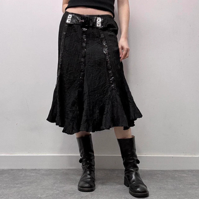 black crinkle flared black skirt