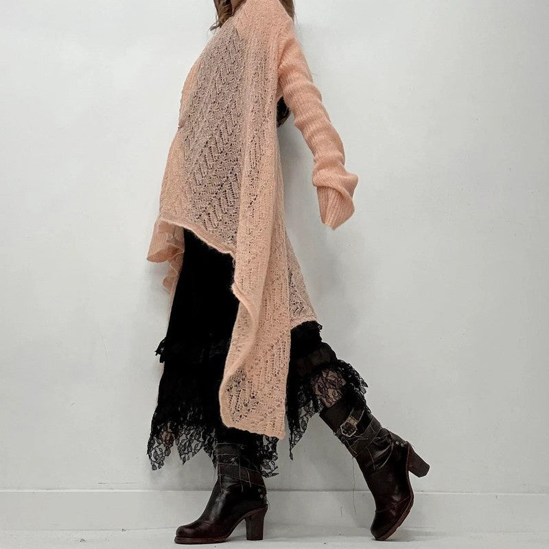sheer pink mohair long knit cardi
