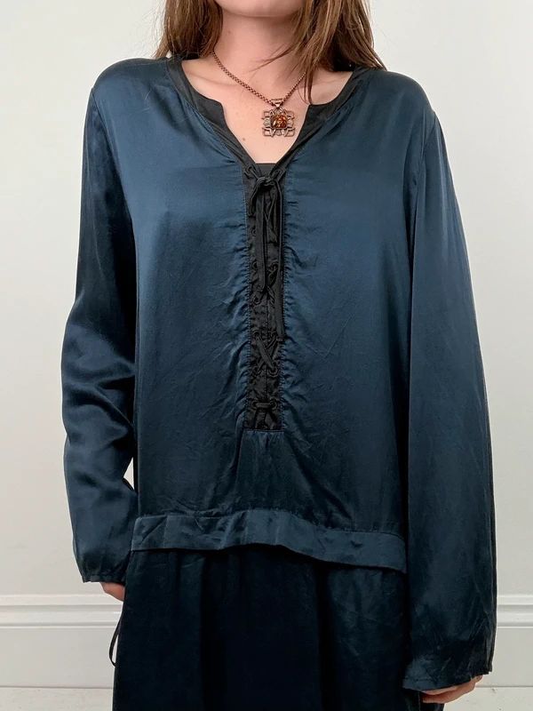 navy silk drop waist long sleeve shirt dress