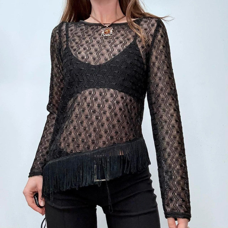 black sheer crochet lace tassel top