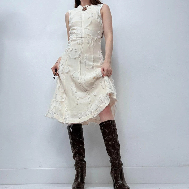 distressed cream midi dress