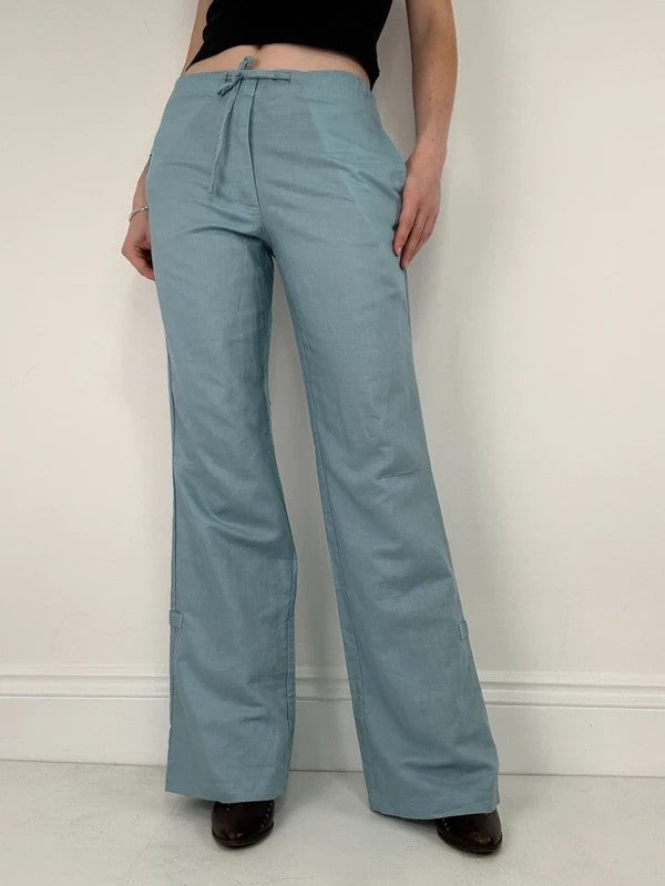 aqua blue wide leg linen trousers