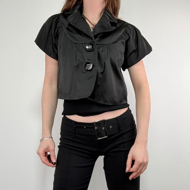 black satin cropped capped sleeve mini jacket