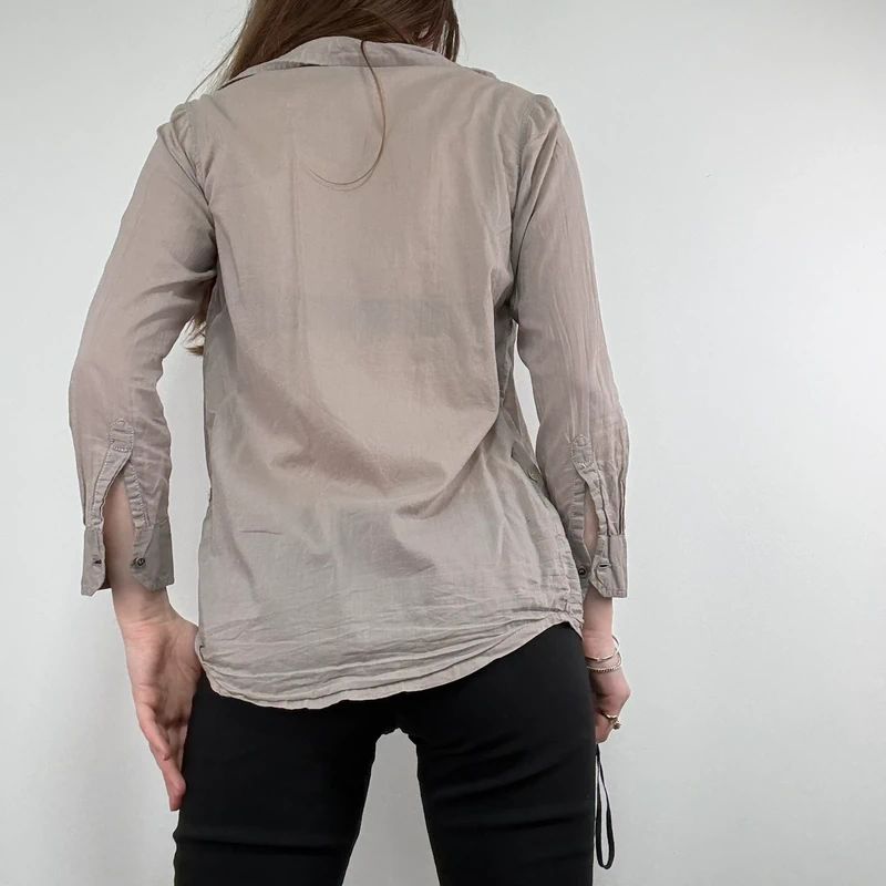 brown pleated flared patchwork button shirt
