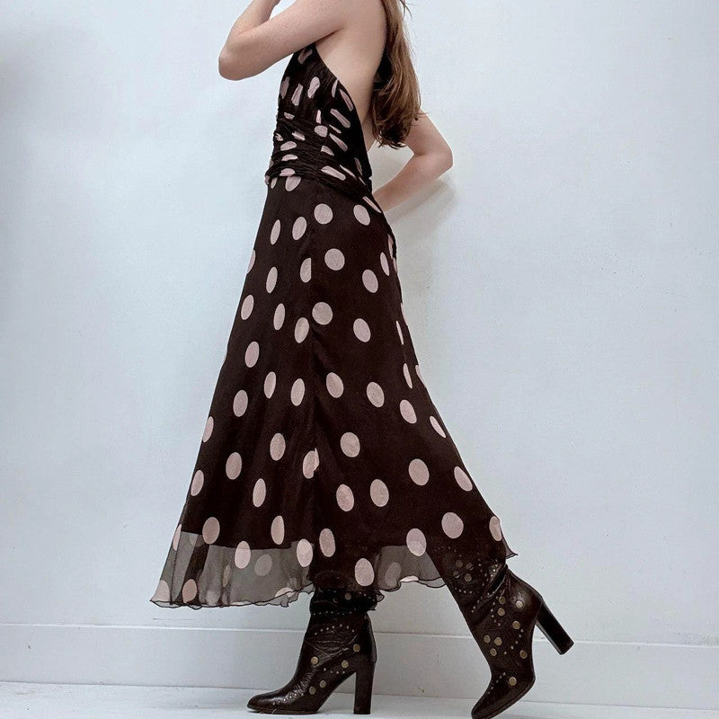 brown silk polkadot halter dress