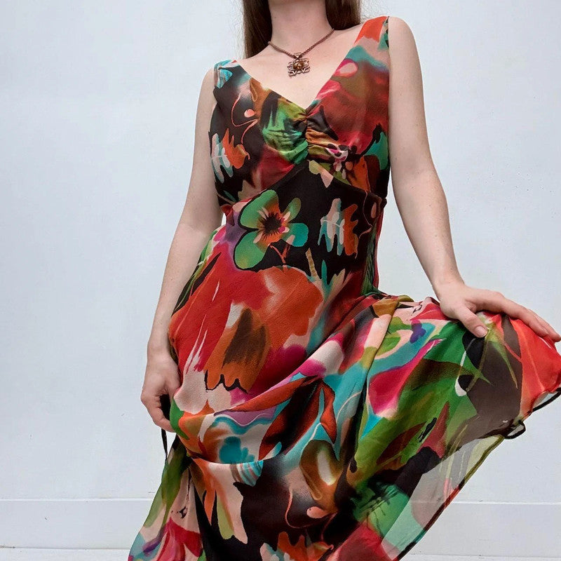 graphic patterned bias cut maxi dress