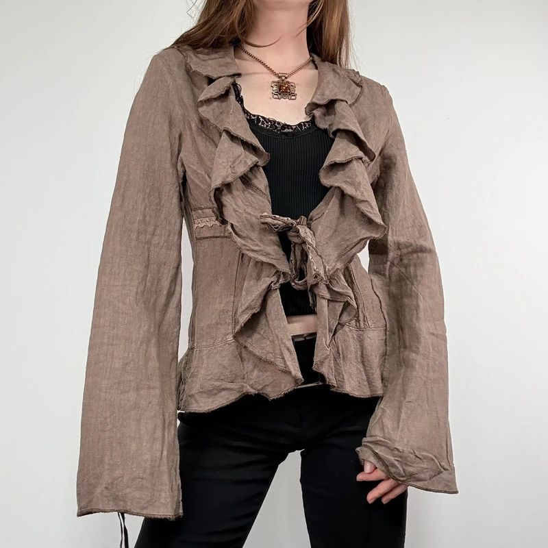 brown linen flared fitted ruffle shirt