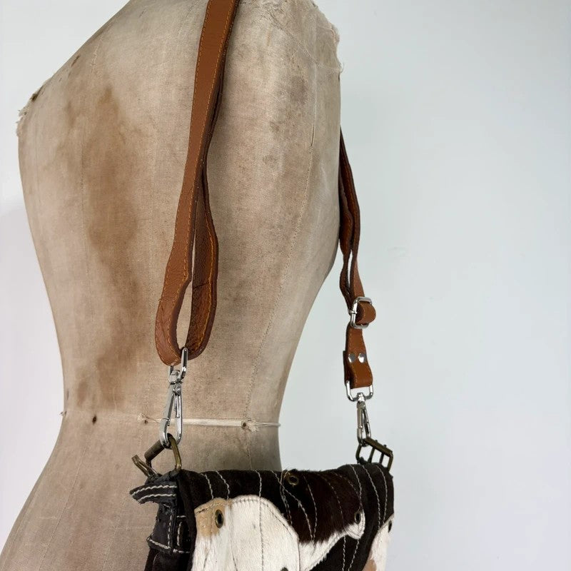 brown suede cowhide leather patchwork bag