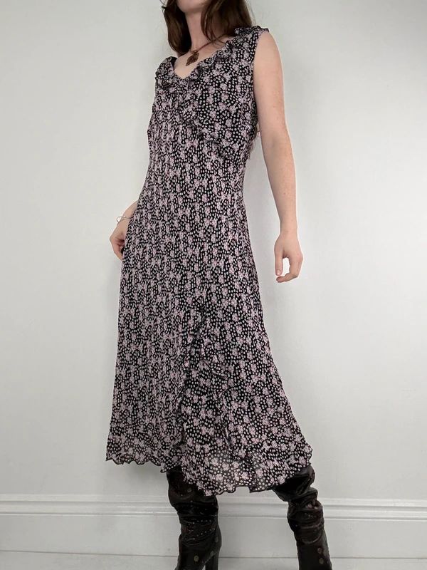 black polkadot ruffle flutter midi dress