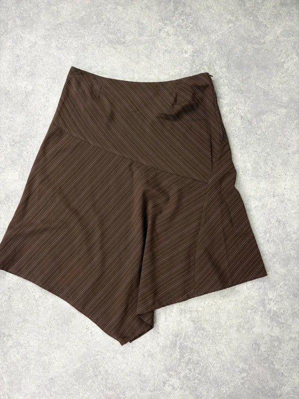 Pinstripe brown asymmetric draped midi skirt