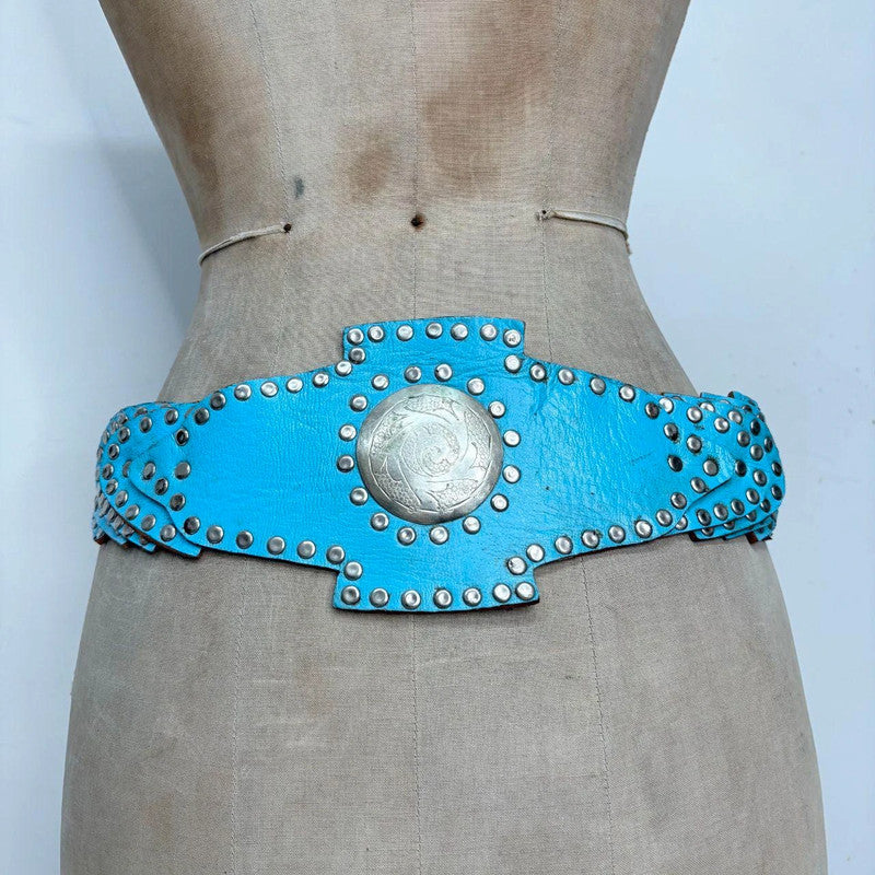 blue western leather studded metal belt