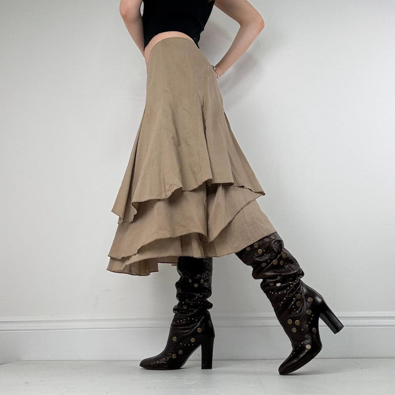 tan linen pleated asymmetric midi skirt