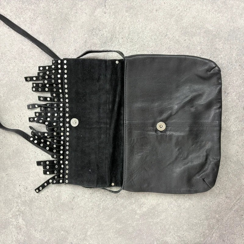 Black leather studded tassel crossbody bag