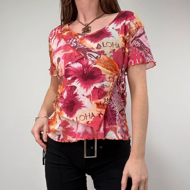 pink hawaiian floral graphic printed mesh top