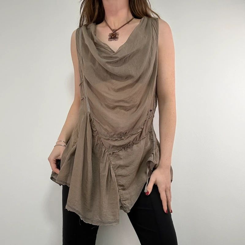 khaki brown draped slouchy asymmetric vest