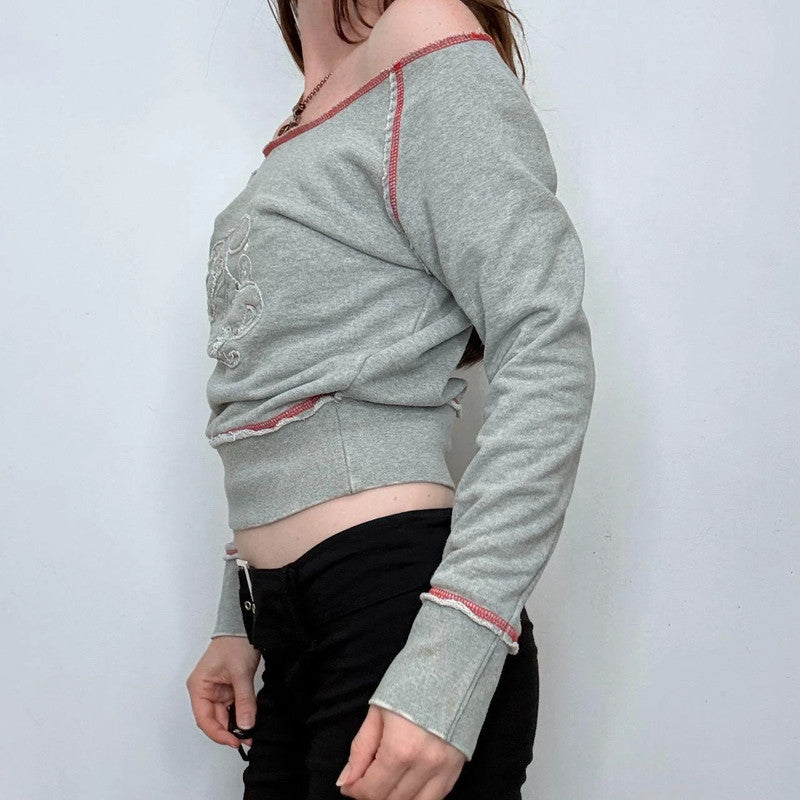 grey off the shoulder slouchy sweater