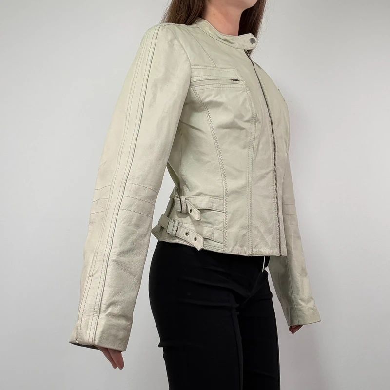 Cream Cropped Leather Biker Jacket