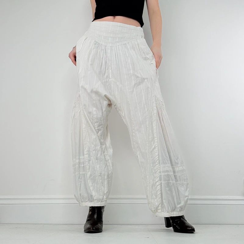 white cotton pleated puff bloomer trousers