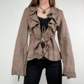 brown linen flared fitted ruffle shirt