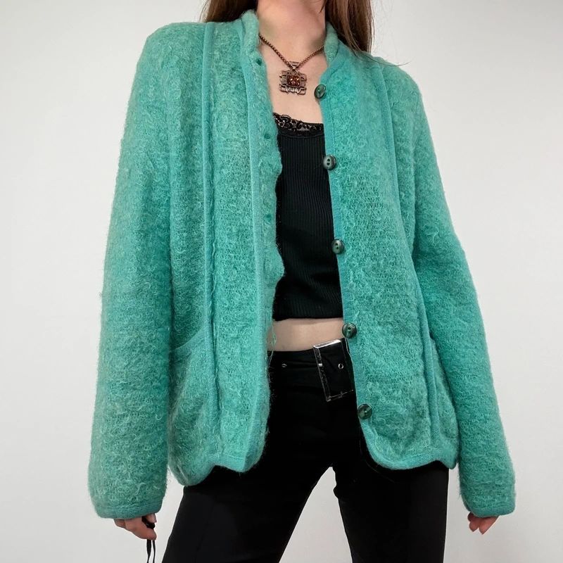 Green Mohair panelled Slouchy Cardigan knit