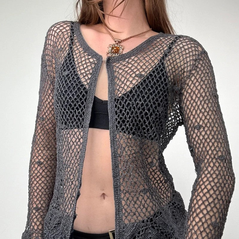 grey crochet sheer lace knit cardigan