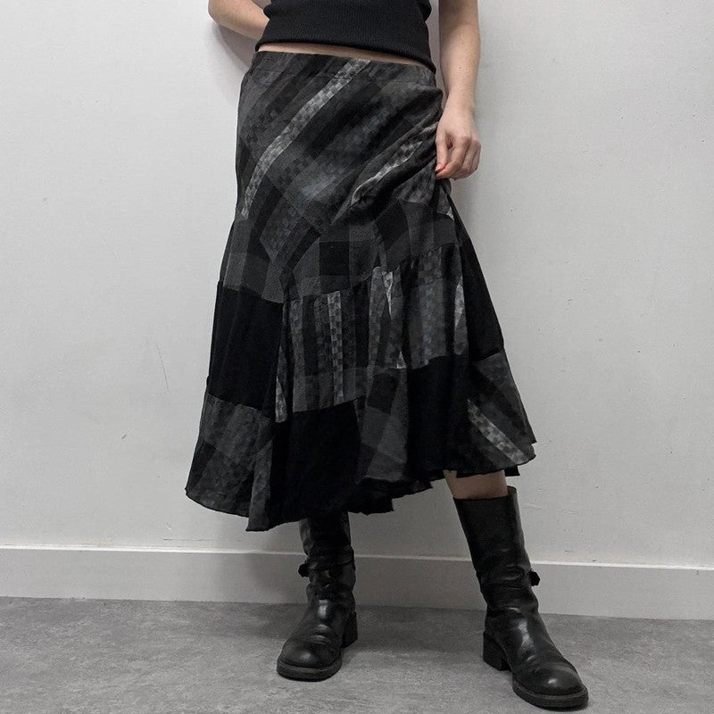black striped tartan flare maxi skirt