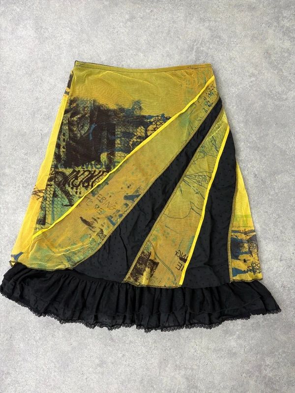 Patchwork graphic mesh layered long skirt