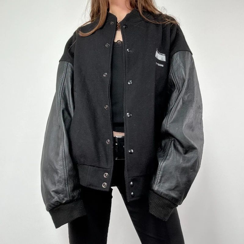 Black Leather Varsity Bomber Jacket