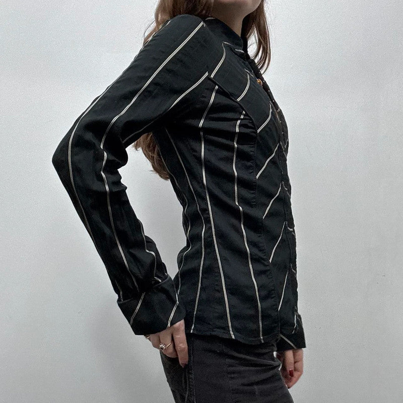 black flared pinstripe office shirt