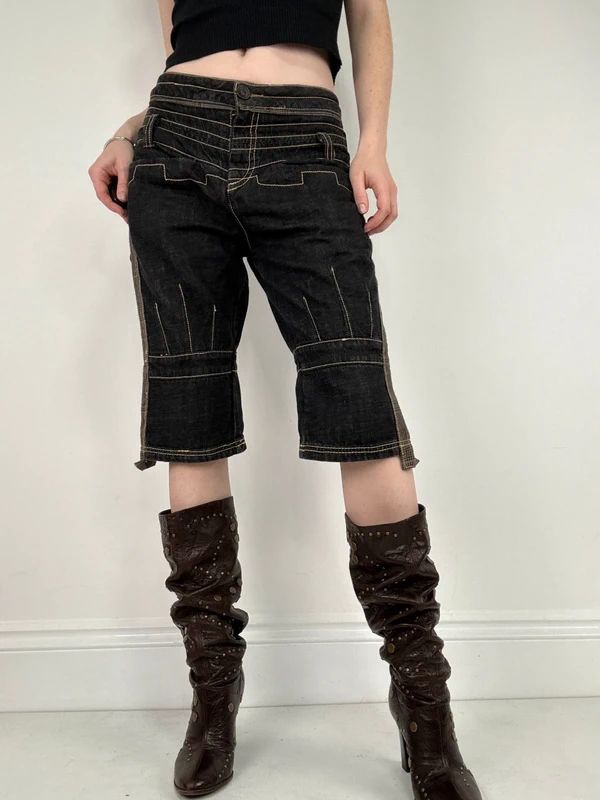 distressed black denim jorts capri pants