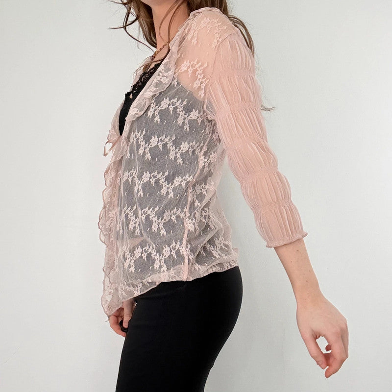 Pale pink floral lace gathered cinched blouse