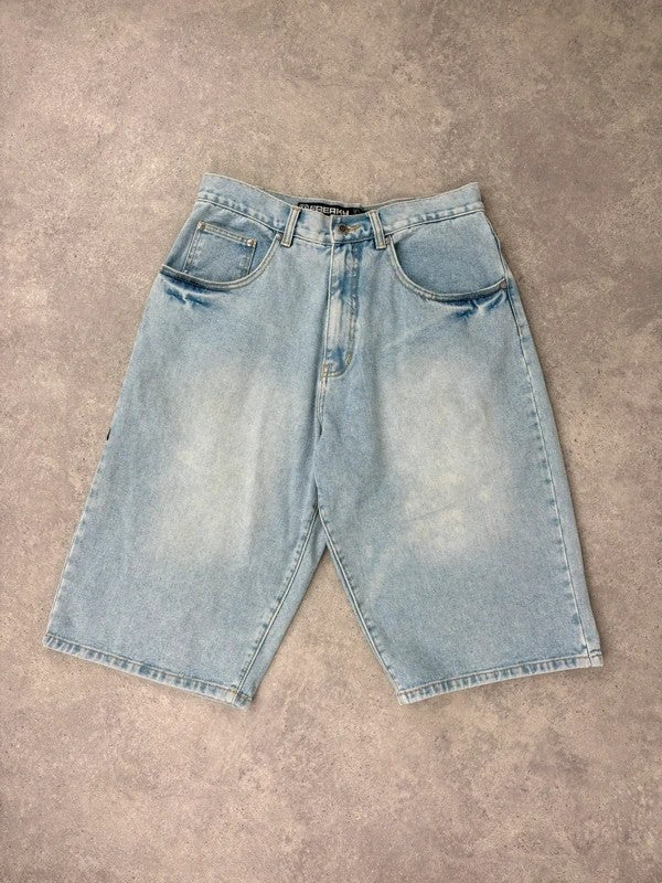 oversized wide leg denim jorts with graphic print