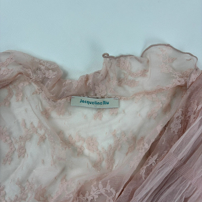 Pale pink floral lace gathered cinched blouse