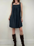 pleated denim mini pinafore dress