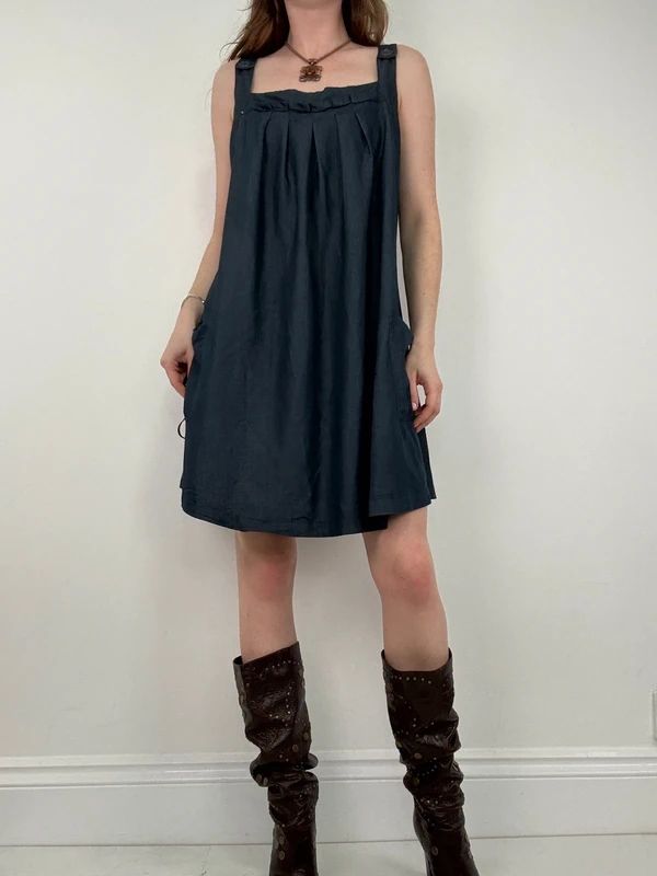 pleated denim mini pinafore dress